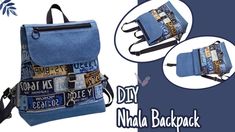 an image of a back pack made out of denims and old license plates on it