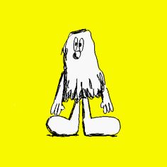 a drawing of a person sitting on the ground in front of a yellow background with black and white lines