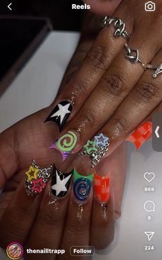 Nail Inspo Junk Nails, Rolling Loud Nail Ideas, Junk Nail Set, Medium Length Junk Nails, Nail Style Ideas, Short Junk Nail Designs Acrylic, Exotic Nails Instagram, Nails With Different Designs On Each, All Different Nails