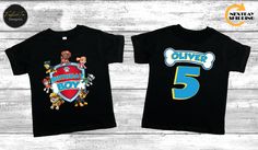 two children's t - shirts with cartoon characters on them, one is black and the other is blue