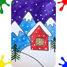 a drawing of a red house in the snow with trees and mountains painted on it