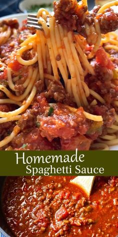 homemade spaghetti sauce in a skillet with a wooden spoon