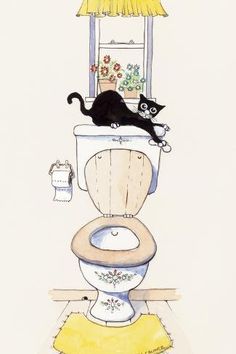 a drawing of a cat sitting on top of a toilet in front of a window