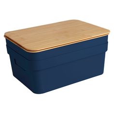 a blue storage box with a bamboo lid and wooden top on an isolated white background