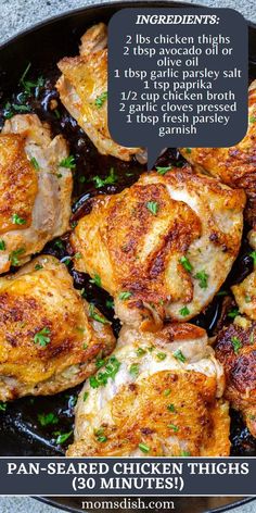 chicken thighs in a skillet with parsley on top and instructions for how to cook them