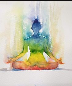 a watercolor painting of a woman sitting in the middle of a yoga pose with her arms crossed