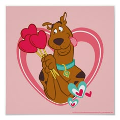 a cartoon dog holding two hearts in its paws