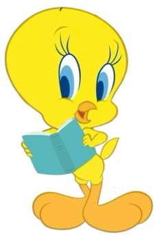 a yellow bird reading a book while sitting on top of a white floor with blue eyes