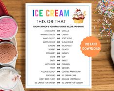 UPGRADE TO THE 20 GAME BUNDLE: https://www.etsy.com/listing/1717079686/ice-cream-party-games-ice-cream-games?ref=listing_published_alert Ice Cream This or That Make the most of your ice cream themed party, ice cream birthday party, social, or summer get together with this fun ice cream party game. Super fun and super simple! Break out some ice cream, print the game, and have a blast. Works great at home, school, parties, offices, and anything in between. Instant download. No physical product wil Ice Cream Social Games For Adults, Ice Cream Themed Games, Ice Cream Bingo Printable Free, School Ice Cream Social, I’ve Cream Social, Ice Cream Party Games, Ice Cream Printable, Party Questions, Ice Cream Games