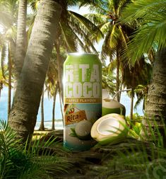 a can of peta coco on the beach with palm trees