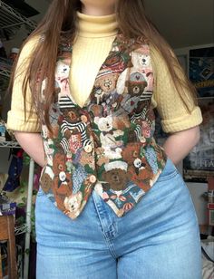 Cute Vest Outfits Fall, 90s Grandma Fashion, 90s Teacher Aesthetic, 70s Sweater Vest Outfit, Cottage Core Vest Outfit, 90s Kindergarten Teacher Aesthetic, Floral Vest Outfit, Vintage Sweater Vest For Fall, Colorful Vintage Outfits