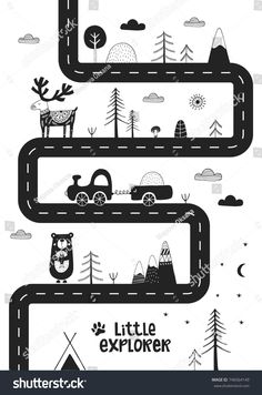 an illustrated road with cars and animals on it in the shape of a sign that says little