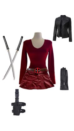 a woman's outfit is shown with two swords, gloves and a red shirt