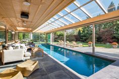 an indoor swimming pool in the middle of a house