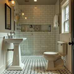 small bathroom, small full bathroom, vintage bathroom, bathroom inspo Full Bathroom Design, Small Bathroom Inspo, Small Vintage Bathroom, Inviting Bathroom, Vertical Tile, Floating Vanities, Space Saving Bathroom