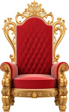 a golden throne with red velvet upholstered on it