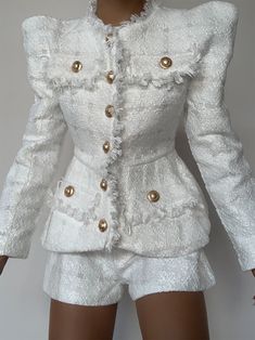 Blazer And Shorts Set Plus Size White, White Luxury Tweed Jacket, Blazer And Shorts Set Plus Size, Blazer Short Set Plus Size, Tweed Blazer Dress White, White Chanel Set, Colorfull Style, Military Style Coats, Tweed Shorts