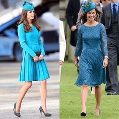 two pictures of the same woman in blue dresses and hats, one is wearing a hat