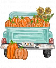 an old truck with pumpkins and sunflowers on the back in watercolor