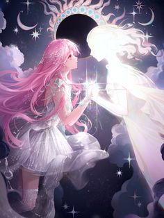 an anime character with long pink hair and white dress standing in front of a moon