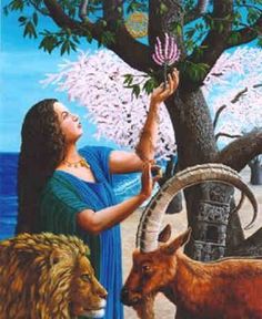 a painting of a woman holding a goat and other animals in front of a tree