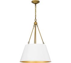 a brass chandelier with a white shade hanging from the ceiling, on a white background