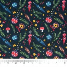 a black fabric with christmas decorations on it and stars, snowflakes, and trees