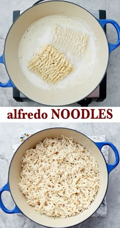 two pictures showing how to make alfredo noodles in a skillet and then cooking them