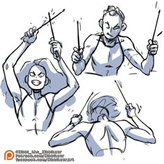 three different poses of a woman holding two sticks in one hand and pointing to the other