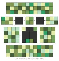 the different shapes and sizes of squares in green, black and white tile patterning