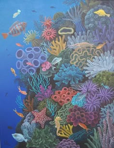 an underwater scene with corals and fish painted on the side of a building wall