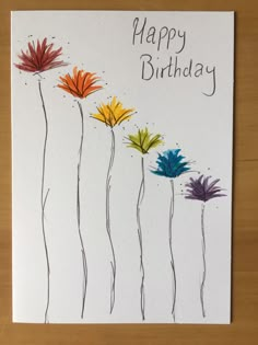 a happy birthday card with colorful flowers on it