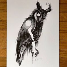 a black and white drawing of an owl