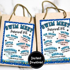 two bags with the words swim meet and swim meet on them