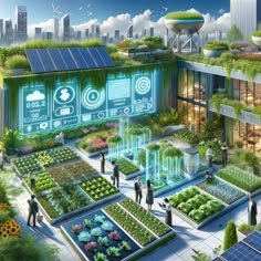 an artist's rendering of a green city with solar panels and people in the foreground