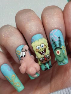 Nail Design Gold, Spongebob Nails, Cartoon Nail Designs, Nails Kids, Crazy Nail Designs, Unghie Nail Art, Spring House