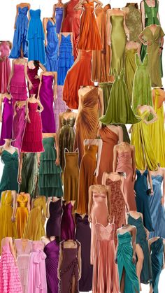 many different colored dresses are shown in this image