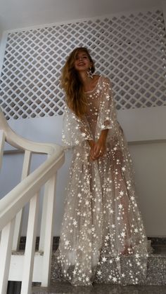 See our real brides on Instagram for the vibes! In the heart of New Zealand's Dark Sky Reserve, a dreamlike gown takes form. Crafted for the radiant spirit, this bohemian masterpiece boasts our signature lace, dotted with stars that not only sparkle brilliantly under the sunlight but also glow enchantingly when night falls. Just imagine the magic of entering your reception, wrapped in a constellation of glowing stars — it's no wonder Brittany Snow chose this design for her special day. With choi Crazy Clothes, Boho Wedding Dress With Sleeves, Converse Wedding, Bohemian Gown, Sparkle Stars, Glow Stars, Celestial Wedding, Counting Stars, Taylor Swift Outfits