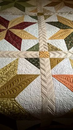 a close up of a quilt on a bed