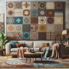 a living room filled with lots of different colored furniture and rugs on the floor