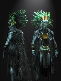 an image of two people dressed in costumes with feathers on their head and green hair