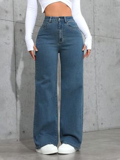 Casual Washed Straight Leg Jeans Medium Wash Casual   Denim Plain Straight Leg High Stretch  Women Clothing, size features are:Bust: ,Length: ,Sleeve Length: High-waisted Washed Blue Denim Jeans, Cheap High-waisted Denim Jeans, High-waisted Denim Blue Jeans For Streetwear, Non-stretch High Waist Blue Cargo Jeans, High-waist Light Blue Denim Jeans, Jeans Casual, Elastic Waistband Pants, Cut Jeans, Women's Shapewear