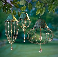 two metal bird cages hanging from a tree branch with lights on them and some green leaves