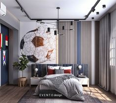 a bedroom with a large soccer ball on the wall above the headboard and bed