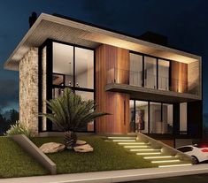 an artist's rendering of a modern house at night