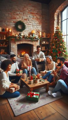 a group of people sitting around a table with presents in front of a christmas tree