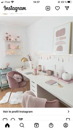 a white desk topped with lots of pink furniture