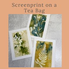 three cards with watercolor flowers and leaves on them are shown in the shape of tea bags