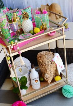 a bar cart filled with drinks and decorations