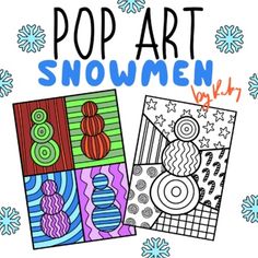 the pop art snowmen book is on display in front of some snowflakes